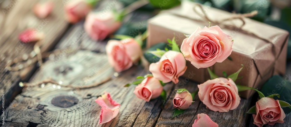Fototapeta premium Lovely pink roses alongside a gift box on a wooden surface. Copy space image. Place for adding text and design