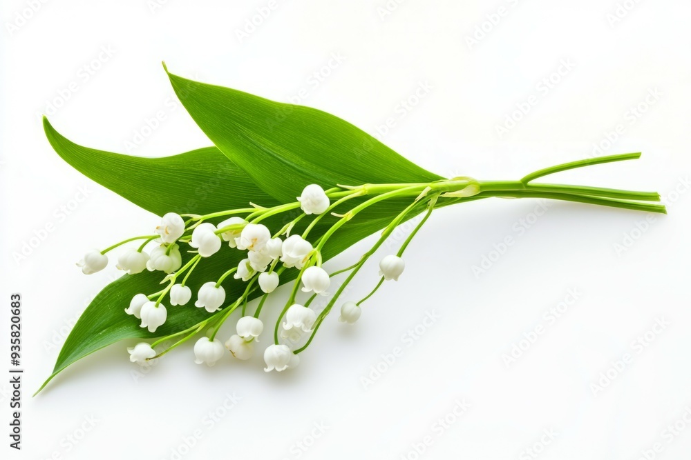Fototapeta premium Delicate lily of the valley bouquet against a bright white background