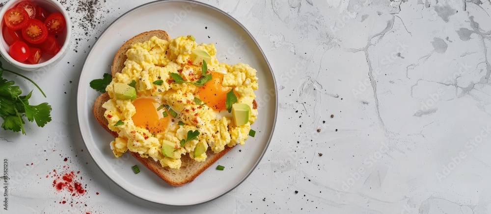 Plate featuring delicious scrambled eggs avocado and toast on a light background. Copy space image. Place for adding text and design Plate featuring delicious scrambled eggs avocado and toast on a light background. Copy space image. Place for adding text and design