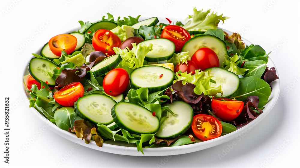A Vibrant Fresh Salad with Mixed Greens, Cherry Tomatoes - White Background A Vibrant Fresh Salad with Mixed Greens, Cherry Tomatoes - White Background