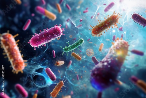 Various colorful bacteria and microbes floating against a blue background, symbolizing the unseen world of microorganisms and their constant presence around us.