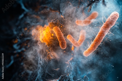 Detailed close-up of bacteria with a striking orange illumination, emphasizing the small but crucial elements of microbiology and its visual allure. photo