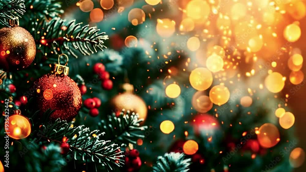 Festive New Year Christmas tree decorated red yellow Christmas balls with garlands lights, close up view, merry Christmas and happy New Year, essence of holiday cheer and joyous spirit Bokeh lights 4k Festive New Year Christmas tree decorated red yellow Christmas balls with garlands lights, close up view, merry Christmas and happy New Year, essence of holiday cheer and joyous spirit Bokeh lights 4k