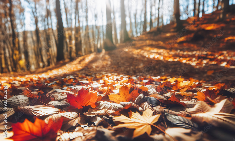 Idyllischer Wald im Herbst mit tiefstehender Sonne am Abend Idyllischer Wald im Herbst mit tiefstehender Sonne am Abend
