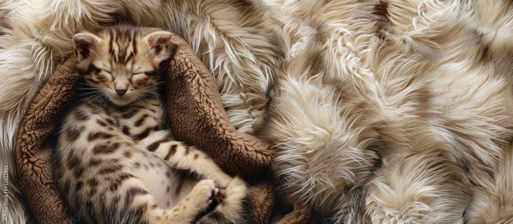 A tiny newborn Bengal kitten swaddled like a baby sleeps on a fur bed Top view Blank space for text. Copy space image. Place for adding text and design A tiny newborn Bengal kitten swaddled like a baby sleeps on a fur bed Top view Blank space for text. Copy space image. Place for adding text and design