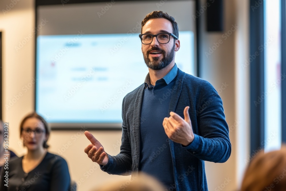 A man is giving a presentation in a modern office setting, engaging the audience with his talk while a presentation slide is displayed on the screen behind him. A man is giving a presentation in a modern office setting, engaging the audience with his talk while a presentation slide is displayed on the screen behind him.