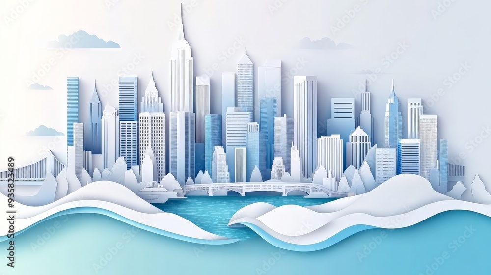 An abstract vector illustration showcasing a city skyline in cool tones, with high-rise buildings, bridges, and water elements, creating a modern urban landscape. An abstract vector illustration showcasing a city skyline in cool tones, with high-rise buildings, bridges, and water elements, creating a modern urban landscape.