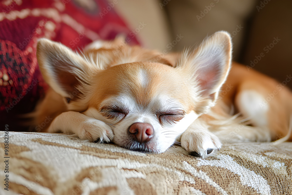 Sleepy Chihuahua Resting on Sofa - Cozy Home Scene