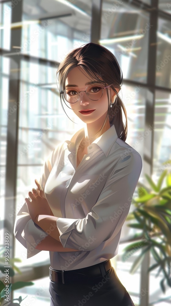 A confident businesswoman enjoys her success, standing in a sunlit office surrounded by plants, radiating positivity and ambition A confident businesswoman enjoys her success, standing in a sunlit office surrounded by plants, radiating positivity and ambition