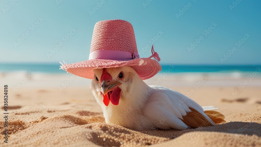 A trendy chicken wearing a smart hat and resting on the sand against a delicate pink backdrop. wallpaper and backdrop
