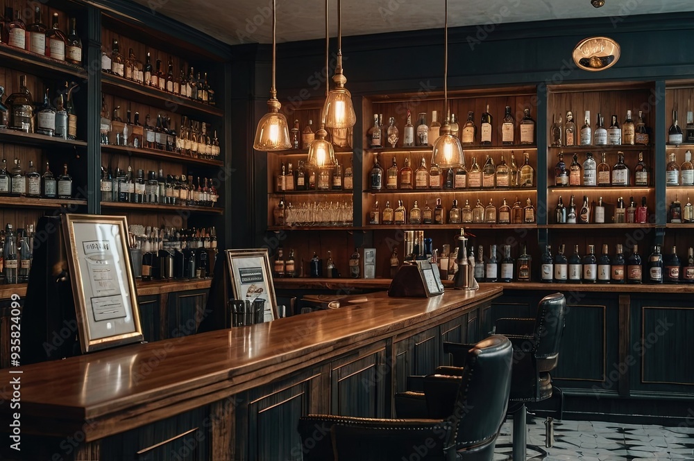 Moscow, Russia - June 2021: reception at the entrance to the barbershop salon and shelf with premium alcohol drinks Moscow, Russia - June 2021: reception at the entrance to the barbershop salon and shelf with premium alcohol drinks