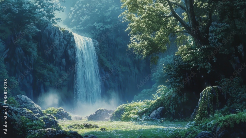 A meadow with a hidden waterfall cascading down A meadow with a hidden waterfall cascading down