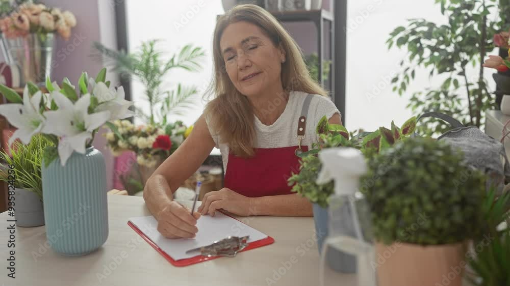 A smiling middle-aged woman wearing an apron writes on a clipboard in a cozy flower shop interior brimming with fresh plants. A smiling middle-aged woman wearing an apron writes on a clipboard in a cozy flower shop interior brimming with fresh plants.