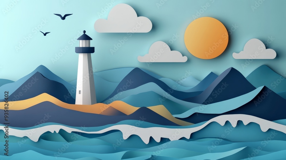 An artistic depiction of a coastal scene at sunset with a lighthouse and distant mountains, brought to life in a vivid, layered paper art style with vibrant colors. An artistic depiction of a coastal scene at sunset with a lighthouse and distant mountains, brought to life in a vivid, layered paper art style with vibrant colors.