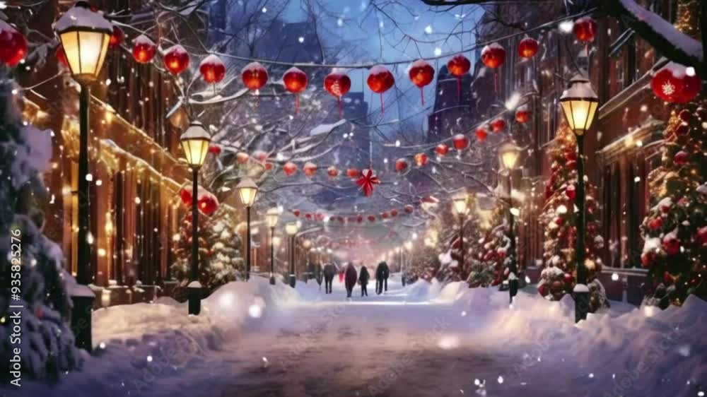 Small Town Street Decorated for Christmas with Lanterns and Garlands, Festive and Enchanting Holiday Scene Small Town Street Decorated for Christmas with Lanterns and Garlands, Festive and Enchanting Holiday Scene