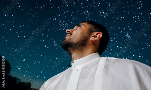 Tunisian Man Gazing at Clear Night Sky in Serene Wonder