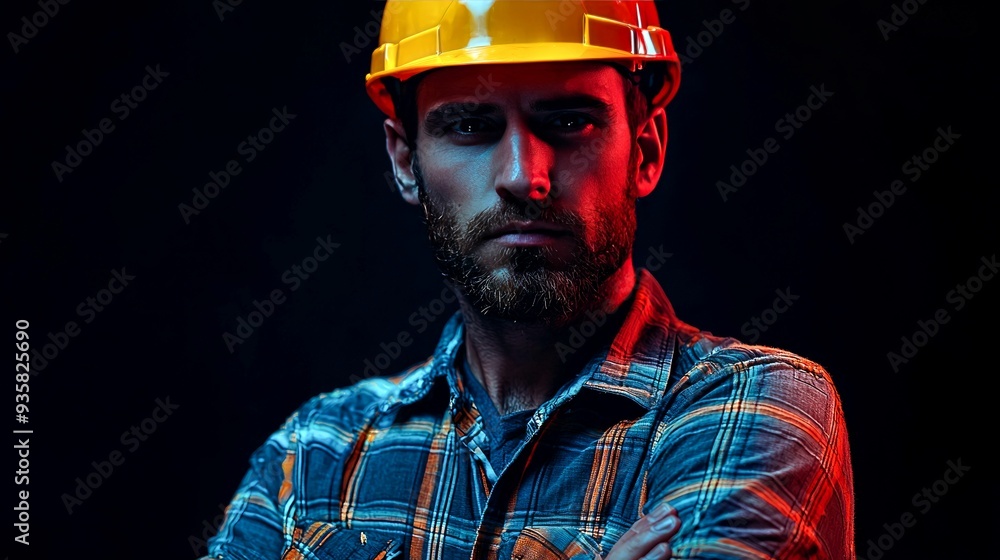 Portrait of a man with a beard wearing a yellow hard hat and a plaid shirt Portrait of a man with a beard wearing a yellow hard hat and a plaid shirt