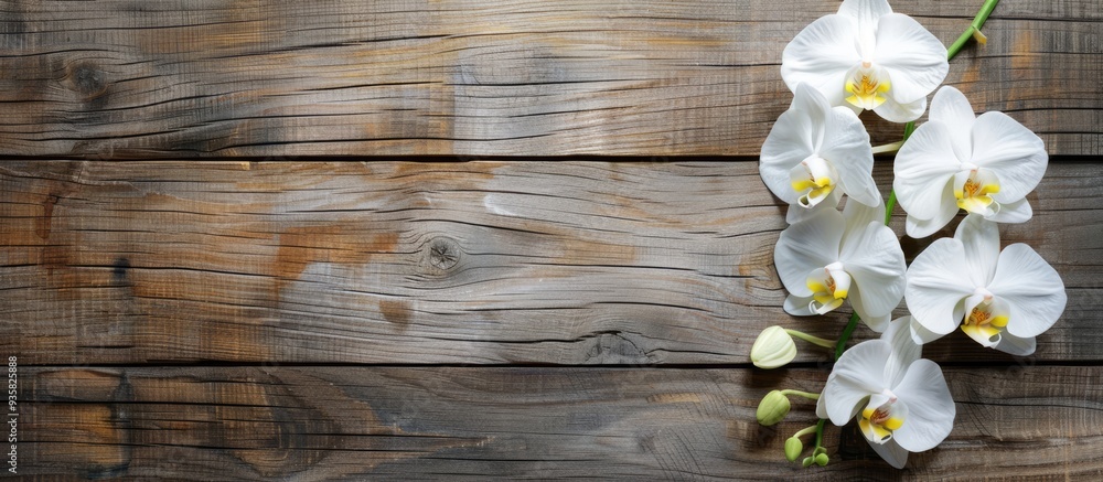 White orchid on a wooden surface with copyspace White orchid on a wooden surface with copyspace