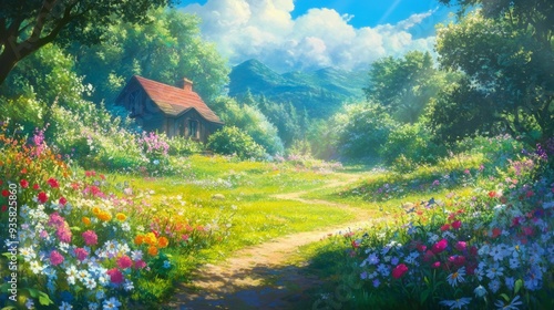 Fototapeta Naklejka Na Ścianę i Meble -  Path to Paradise: A sun-kissed meadow bursts with wildflowers 