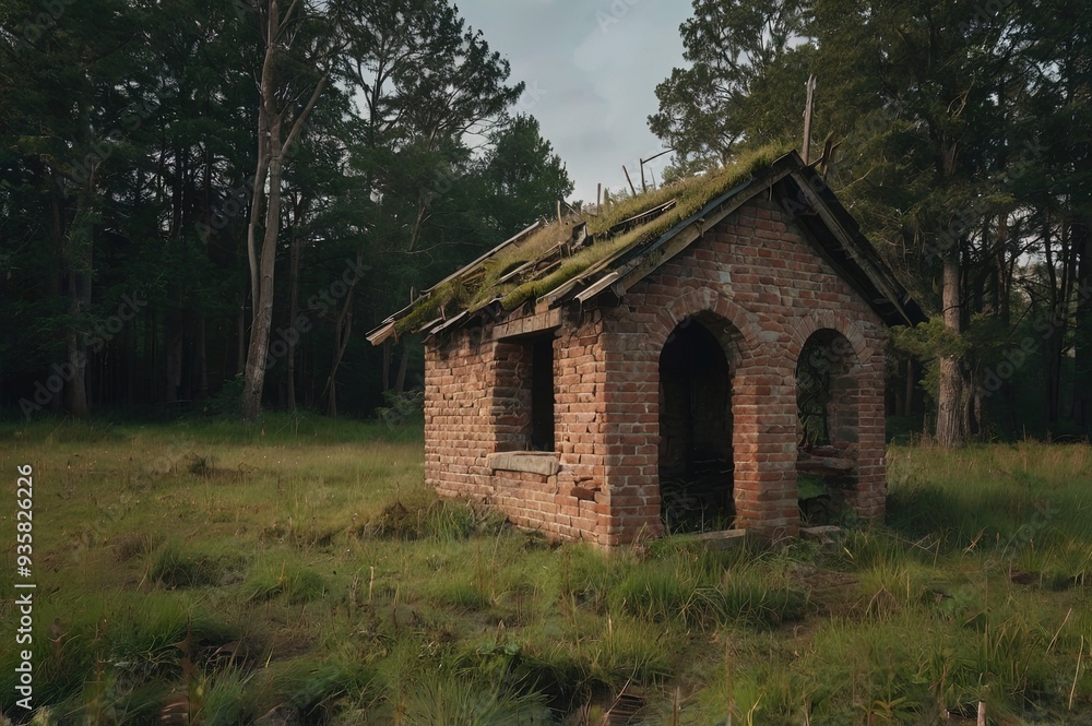 A close up on an abandoned hut, shack, or house made out of brick located next to ruins of an old church spotted in the middle of a dense forest or moor, next to a vast field, meadow or pastureland A close up on an abandoned hut, shack, or house made out of brick located next to ruins of an old church spotted in the middle of a dense forest or moor, next to a vast field, meadow or pastureland