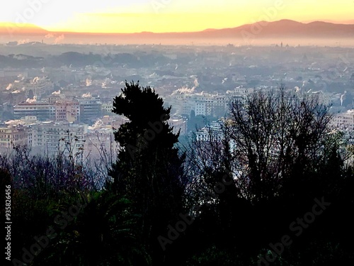 Roma, Italia si risveglia al mattino. Veduta panoramica all’alba. Tetti e vapori. photo