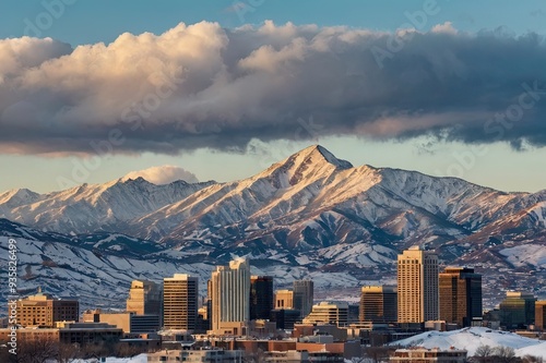 A record-breaking snowpack in the Wasatch Mountains behind the downtown Salt Lake City skyline, Utah.