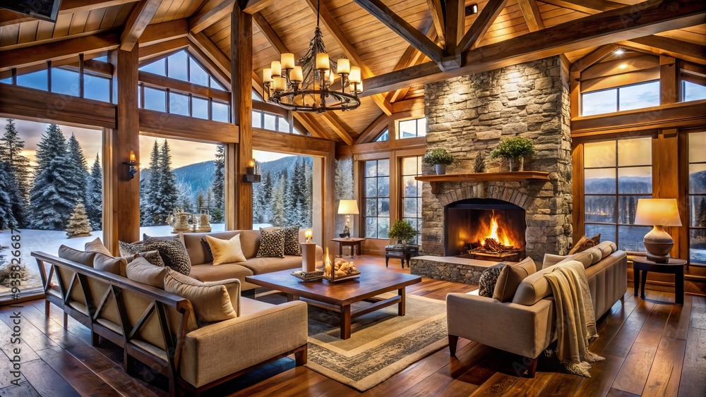 Step into this Winter Wonderland Lodge, where a crackling fireplace, exposed beams, and warm neutral tones combine to create a serene and luxurious retreat. Step into this Winter Wonderland Lodge, where a crackling fireplace, exposed beams, and warm neutral tones combine to create a serene and luxurious retreat.