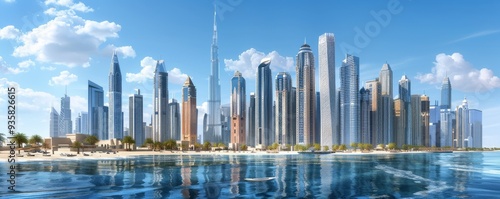 A city skyline with a large building in the middle