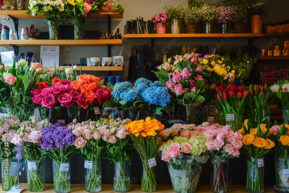 Fototapeta premium A vibrant flower shop displays a stunning array of colorful blooms. Fresh roses, tulips, and hydrangeas attract visitors. This image captures the essence of floral beauty. Generative AI