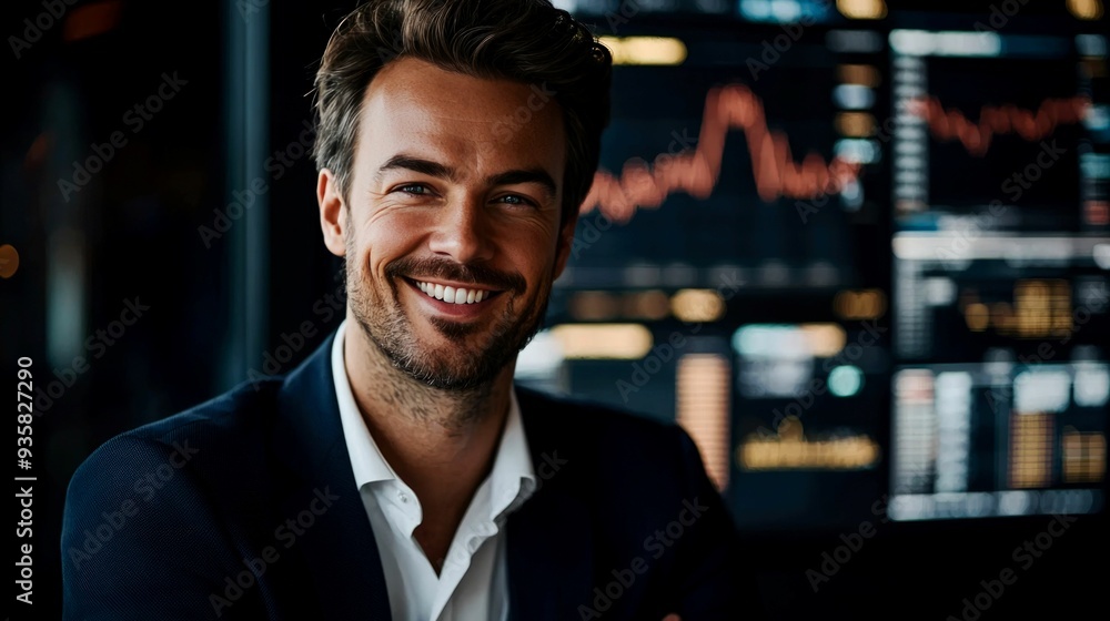 Smiling Man in Suit with Stock Market Screen in Background