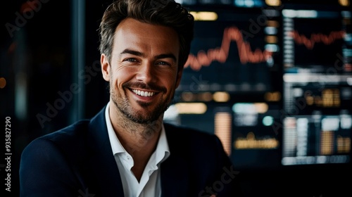 Smiling Man in Suit with Stock Market Screen in Background