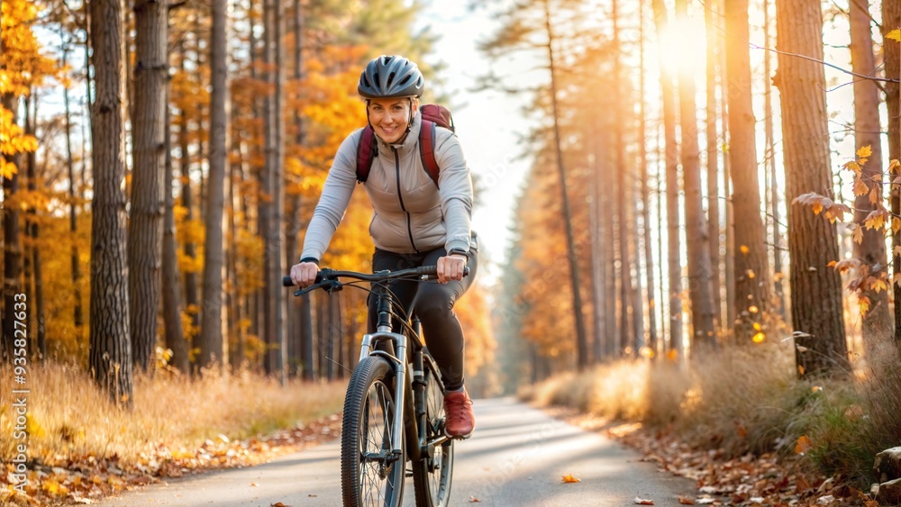 Fototapeta premium Woman Biking in Autumn Forest at Sunrise
