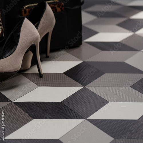Stylish High Heels on a Geometric Patterned Floor with Fashion Accessories