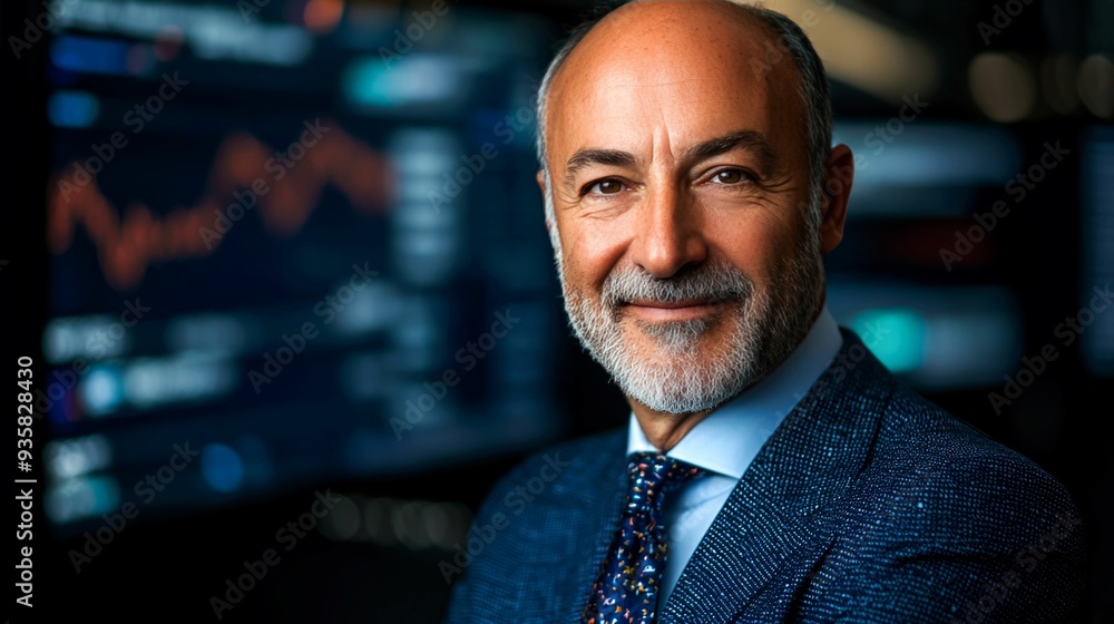 Confident Middle-Aged Man in Suit with Blurred Data Screen Background Confident Middle-Aged Man in Suit with Blurred Data Screen Background