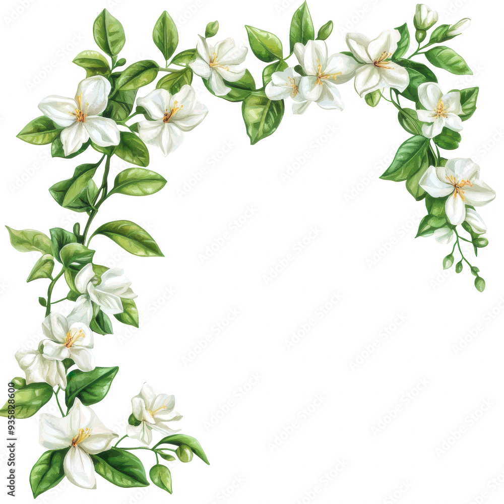 Delicate floral arrangement featuring white flowers and lush green leaves, ideal for wedding decor or nature-themed art. Delicate floral arrangement featuring white flowers and lush green leaves, ideal for wedding decor or nature-themed art.