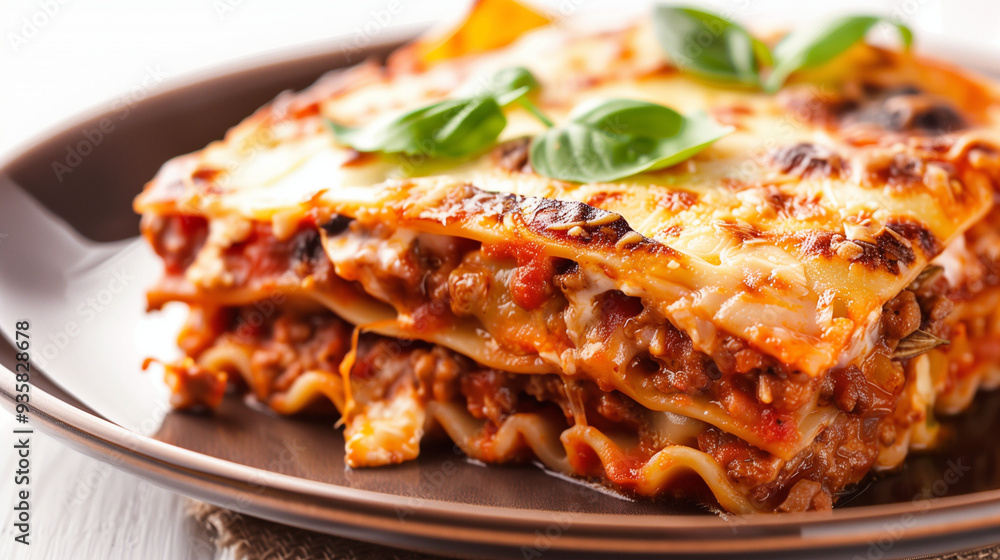 Close Up Delicious Lasagna Parmigiana on Plate White Background Close Up Delicious Lasagna Parmigiana on Plate White Background