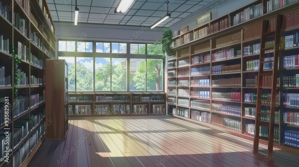 Light streams through the windows of an anime library, illuminating rows of books and creating a tranquil atmosphere Light streams through the windows of an anime library, illuminating rows of books and creating a tranquil atmosphere