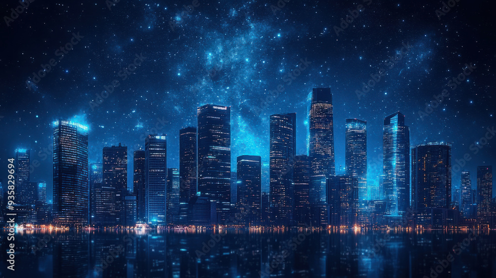 Fototapeta premium Night Cityscape, A vibrant dark blue city skyline at night, featuring illuminated skyscrapers standing tall against a starry sky