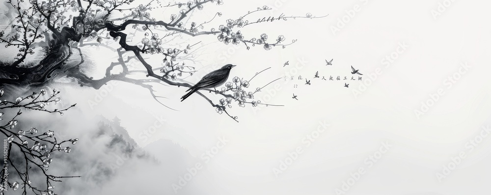 Fototapeta premium A bird is perched on a tree branch in a cloudy sky