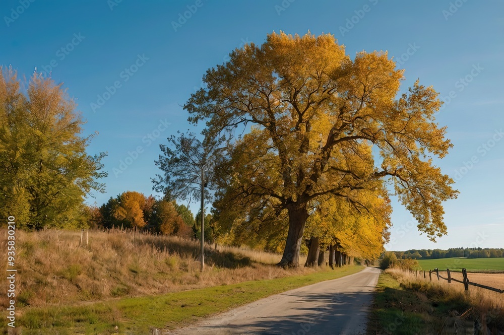 Country road through the green fields and golden deciduous trees (oak, maple, birch). Clear blue sky. Country road through the green fields and golden deciduous trees (oak, maple, birch). Clear blue sky.