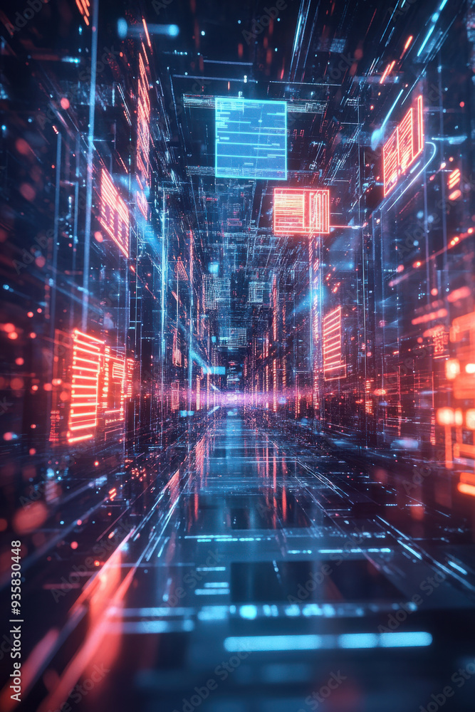 Fototapeta premium Cloud file integration, A vivid hologram featuring the integration of multiple file types into a unified cloud network, with animated visuals illustrating the exchange of