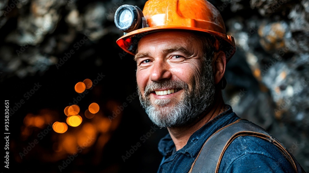 Smiling Miner with Headlamp in Underground Tunnel Smiling Miner with Headlamp in Underground Tunnel