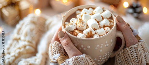 A woman s hands hold a mug of hot cacao topped with marshmallows set against a knitted cloth for a Christmas theme featuring a winter backdrop with gift wrapping and festive decorations for a traditi photo