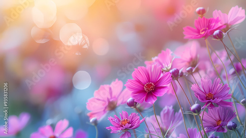 cosmos flower.Natural colorful panoramic landscape with many wild flowers of daisies against blue sky.Close up flowers blooming on softness style in spring summer under sunrise.