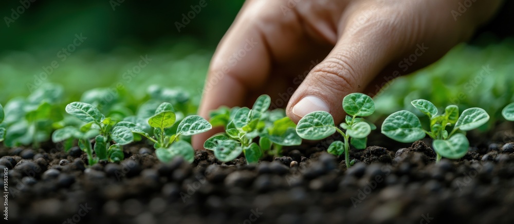 Close-up of Hand Tending to Newly Sprouted Seedlings Close-up of Hand Tending to Newly Sprouted Seedlings