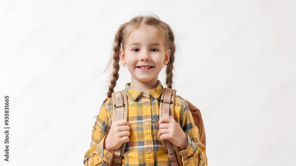 Happy Girl with School Backpack Standing on White Background Happy Girl with School Backpack Standing on White Background