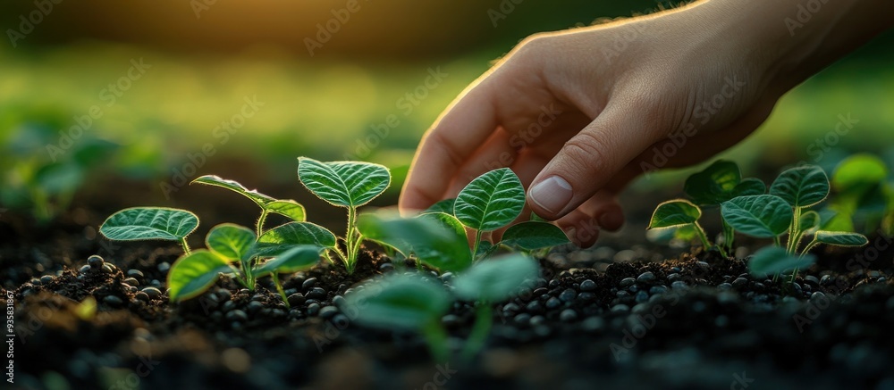 Hand Gently Touching a Young Plant in a Field Hand Gently Touching a Young Plant in a Field