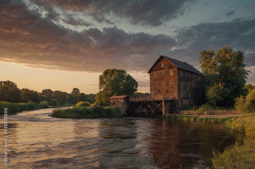 Obraz premium Mill by the river at sunset