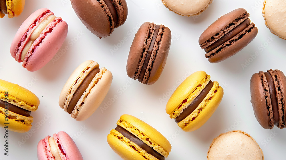 Macarons Scattered on Countertop on White Background Macarons Scattered on Countertop on White Background