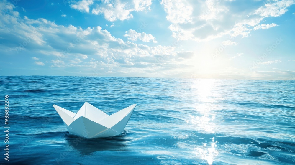Obraz premium Small White Paper Boat In Big Ocean With Blue Sky And Sunshine - Business Opportunity/Vision Concept with generative ai